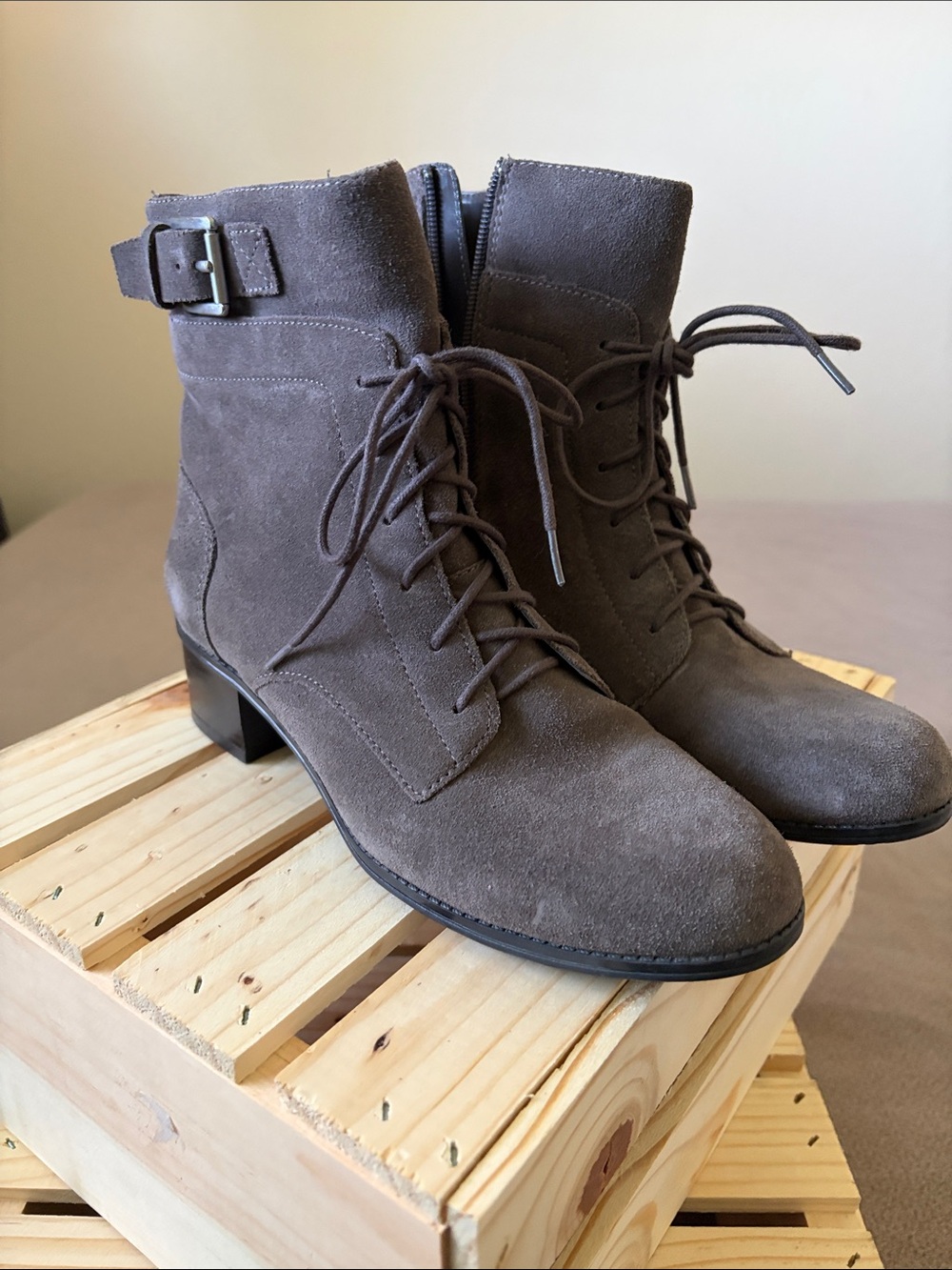 Bandolino Brown Suede Lace-Up Ankle Boots with Buckle Detail